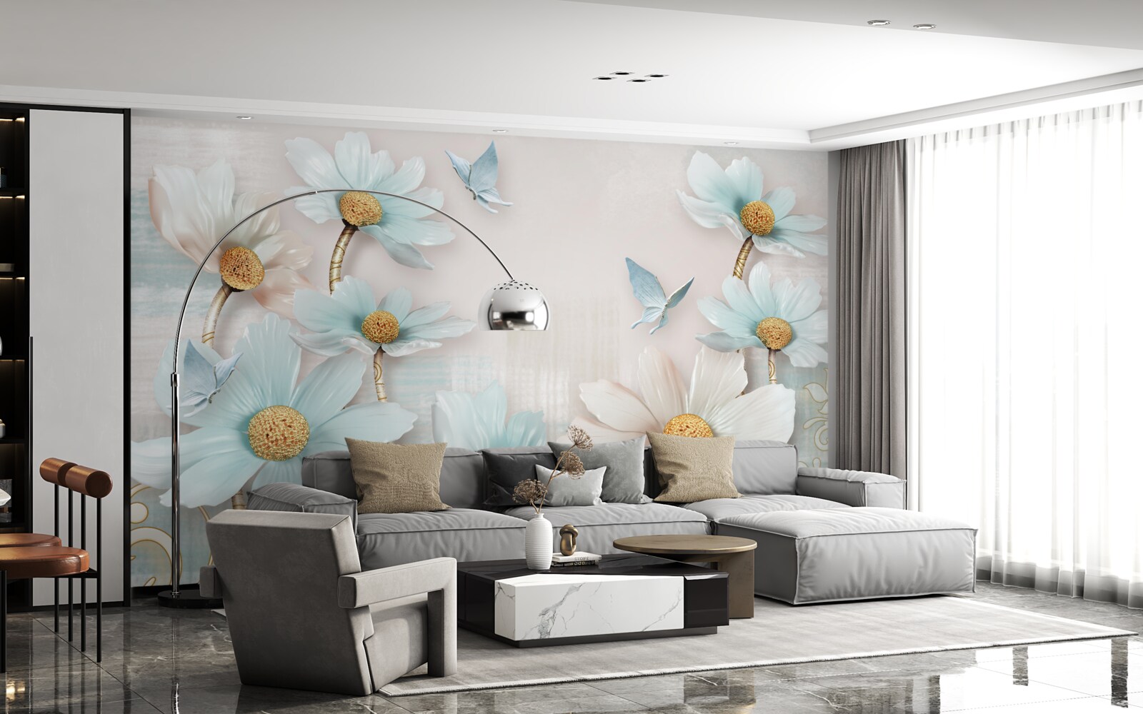 Фотошпалери великі квіти в біло-блакитних тонах