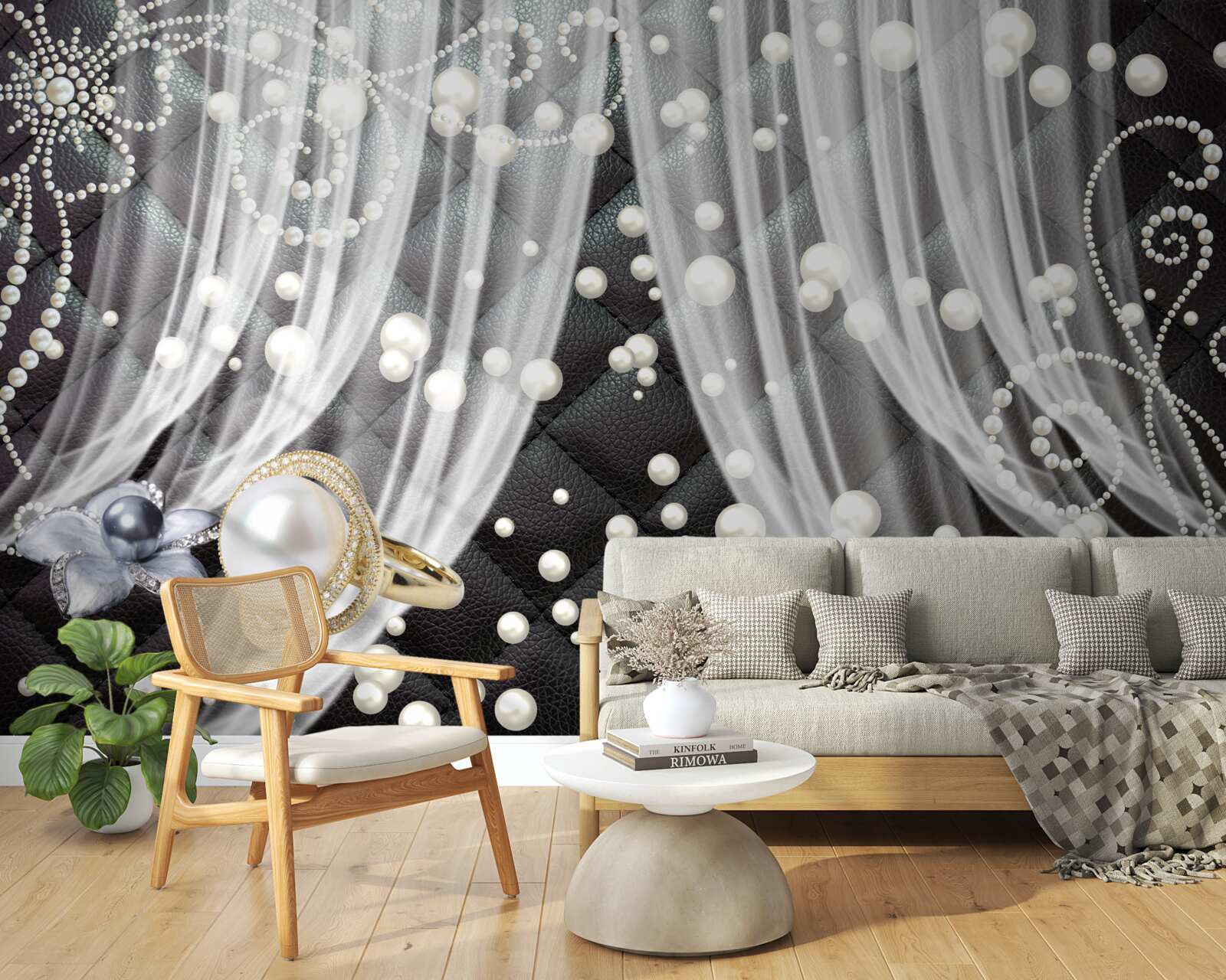 Фотошпалери золоті прикраси та білі штори