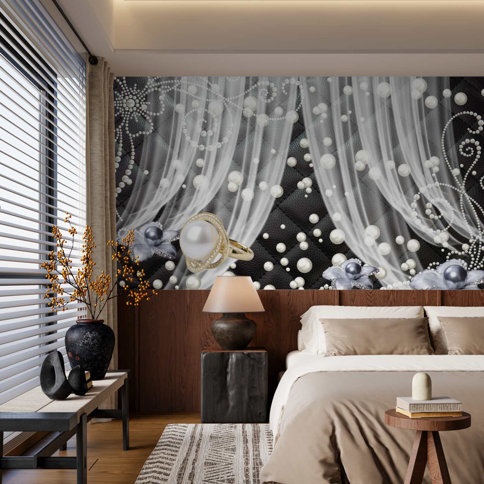 Фотошпалери золоті прикраси та білі штори