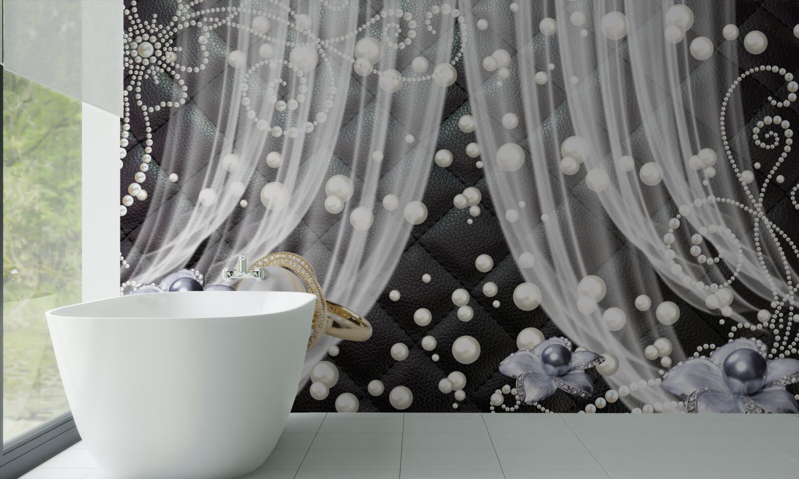 Фотошпалери золоті прикраси та білі штори