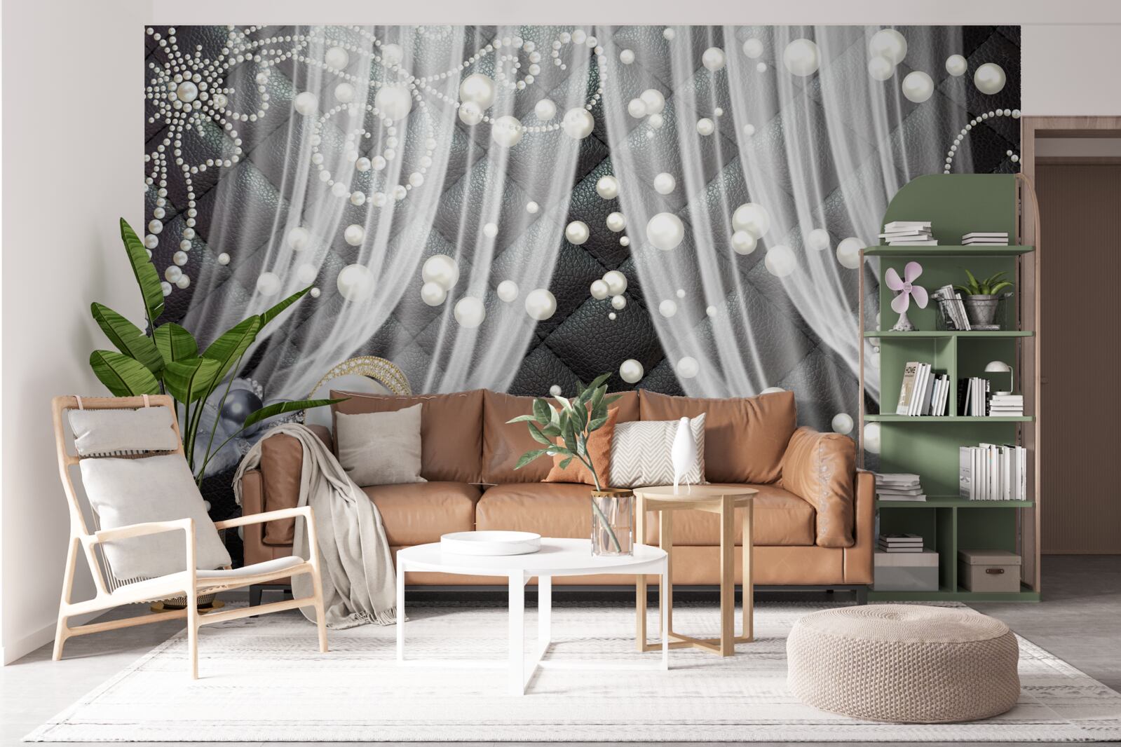 Фотошпалери золоті прикраси та білі штори