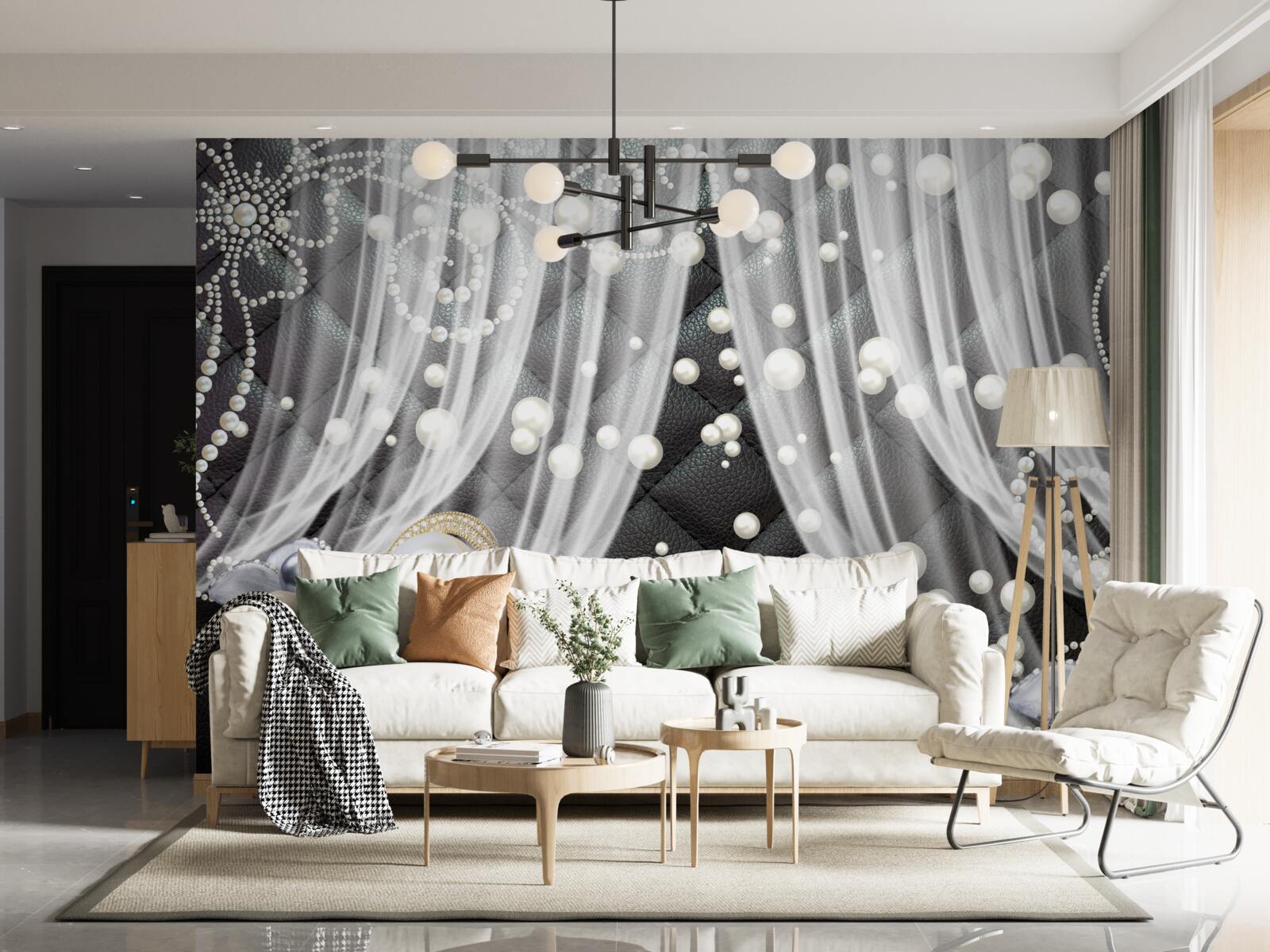 Фотошпалери золоті прикраси та білі штори