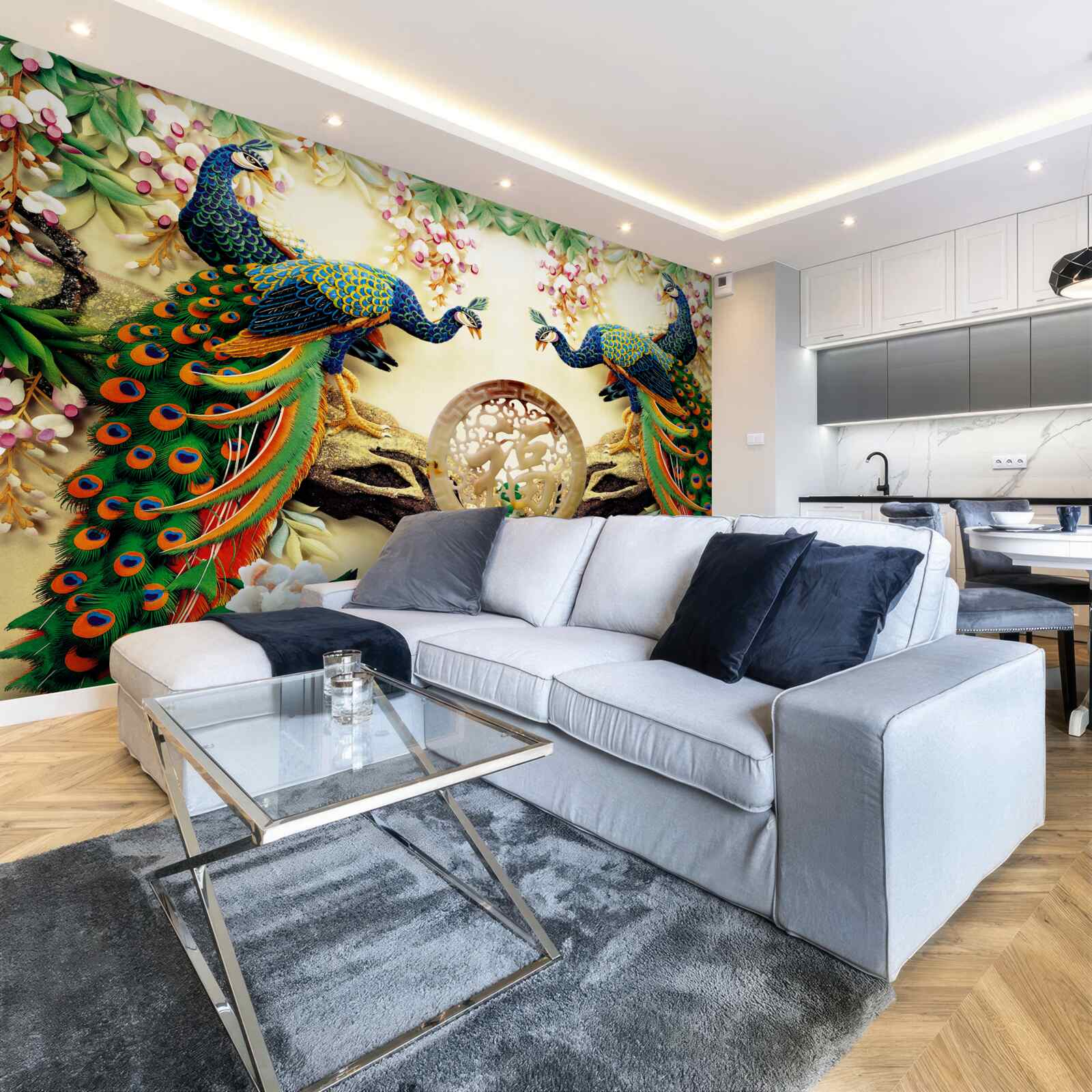 Фотошпалери розкішні павичі насолоджуються відпочинком на дереві, прикрашеному квітами