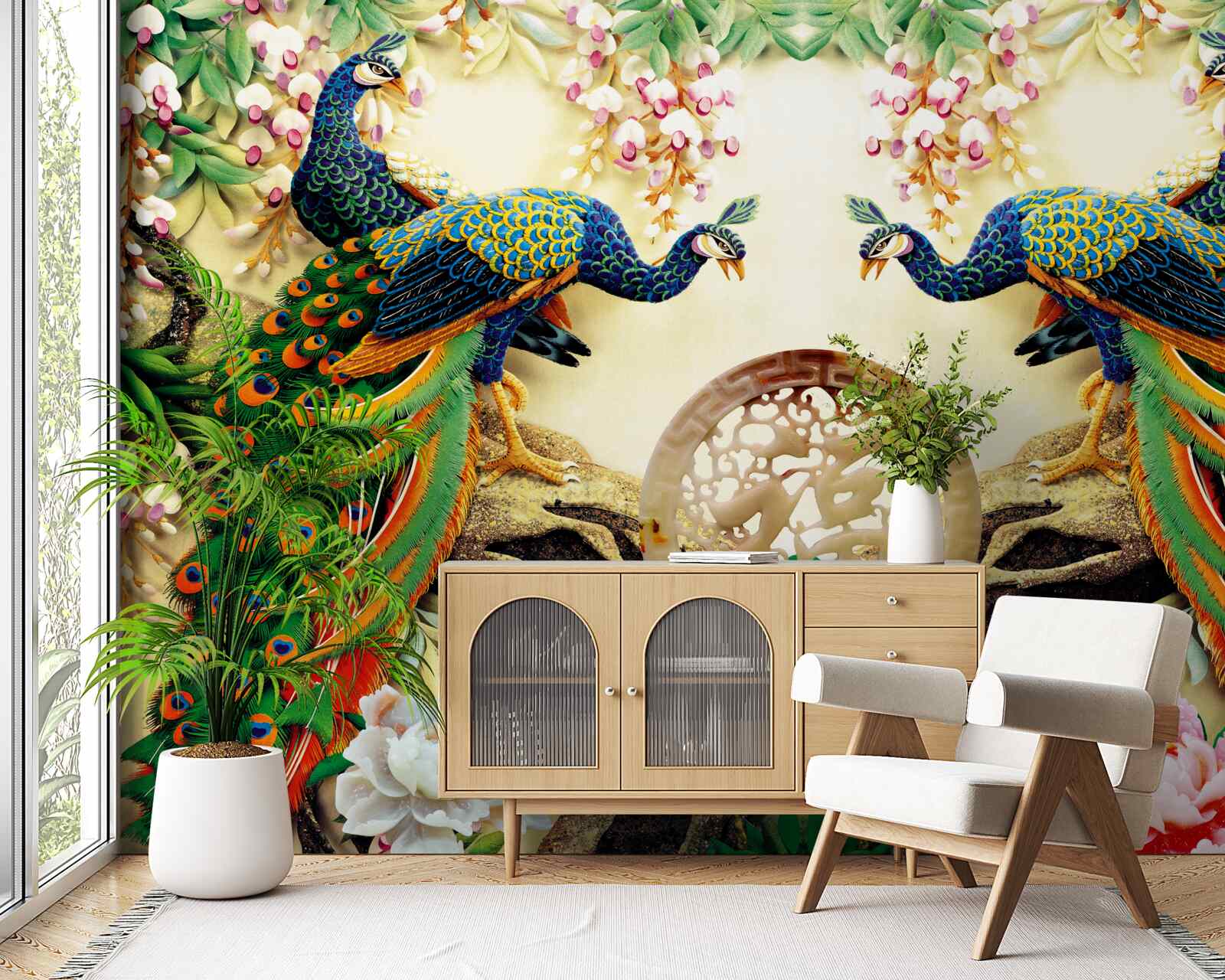 Фотошпалери розкішні павичі насолоджуються відпочинком на дереві, прикрашеному квітами