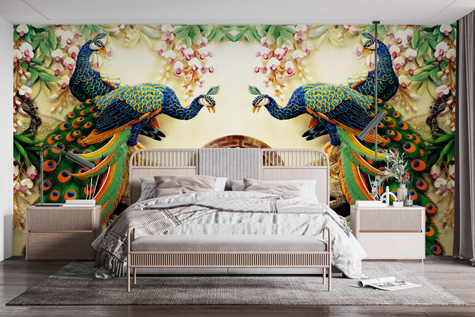 Фотошпалери розкішні павичі насолоджуються відпочинком на дереві, прикрашеному квітами