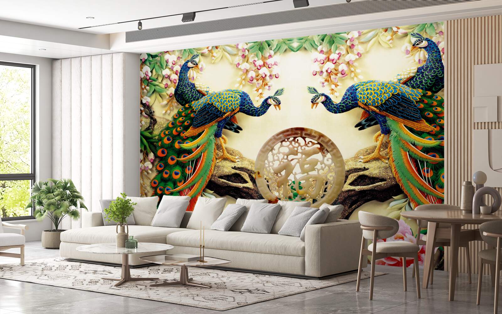 Фотошпалери розкішні павичі насолоджуються відпочинком на дереві, прикрашеному квітами