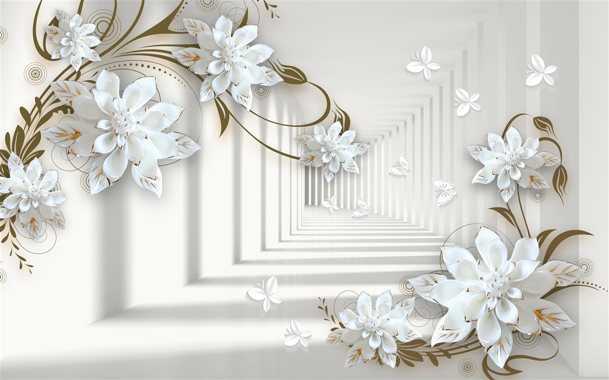 Фотошпалери вздовж панорами тунелю тягнуться золоті гілки магнолій