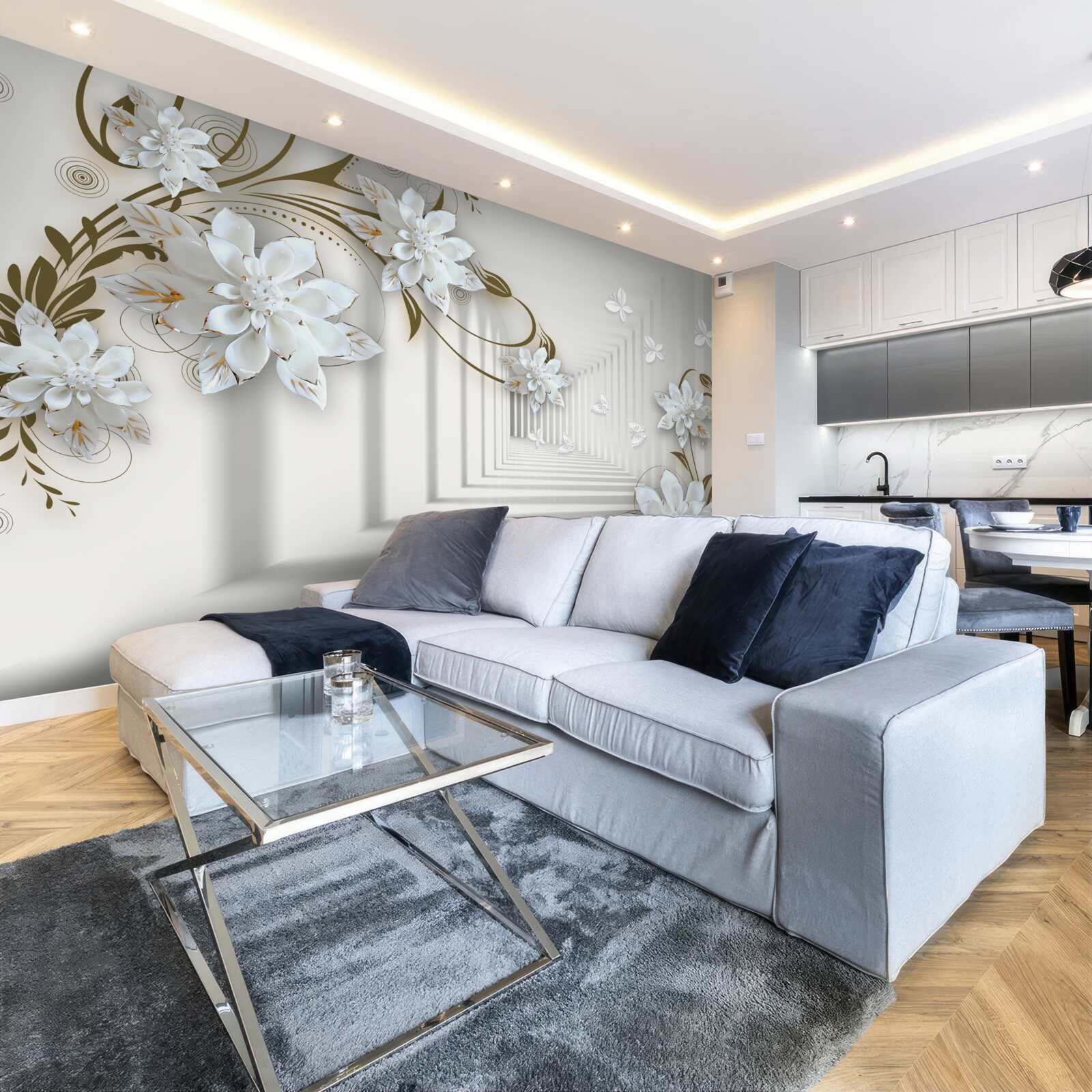 Фотошпалери вздовж панорами тунелю тягнуться золоті гілки магнолій