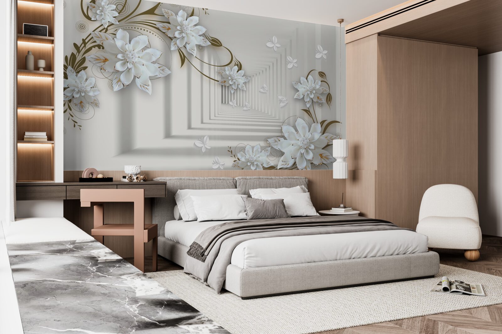 Фотошпалери вздовж панорами тунелю тягнуться золоті гілки магнолій