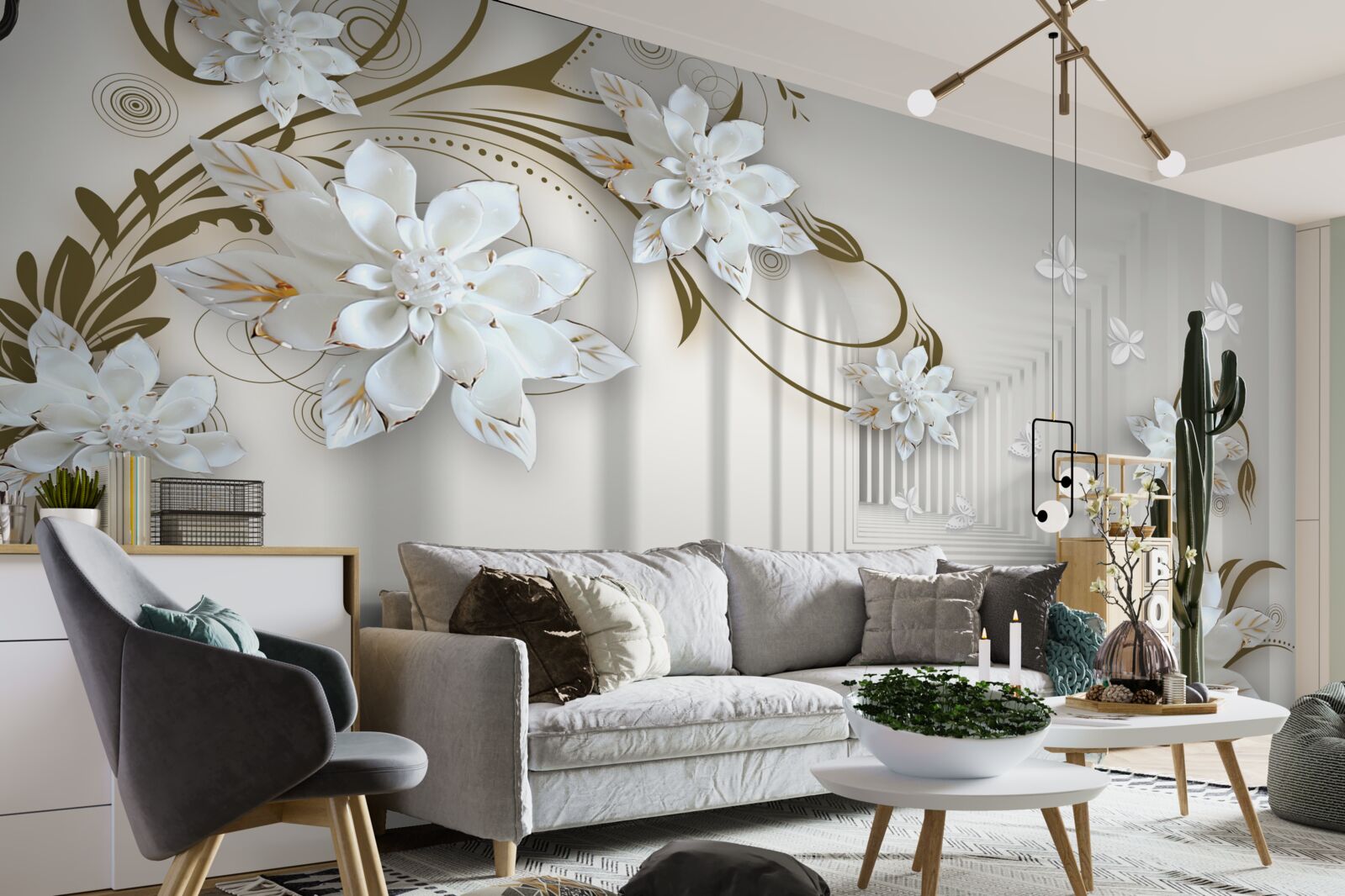 Фотошпалери вздовж панорами тунелю тягнуться золоті гілки магнолій