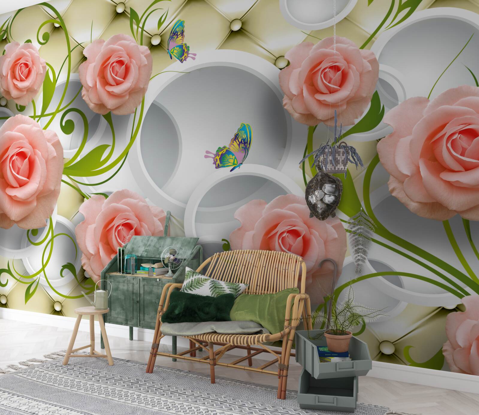 Фотошпалери рожева троянда на бежевому тлі на гілці