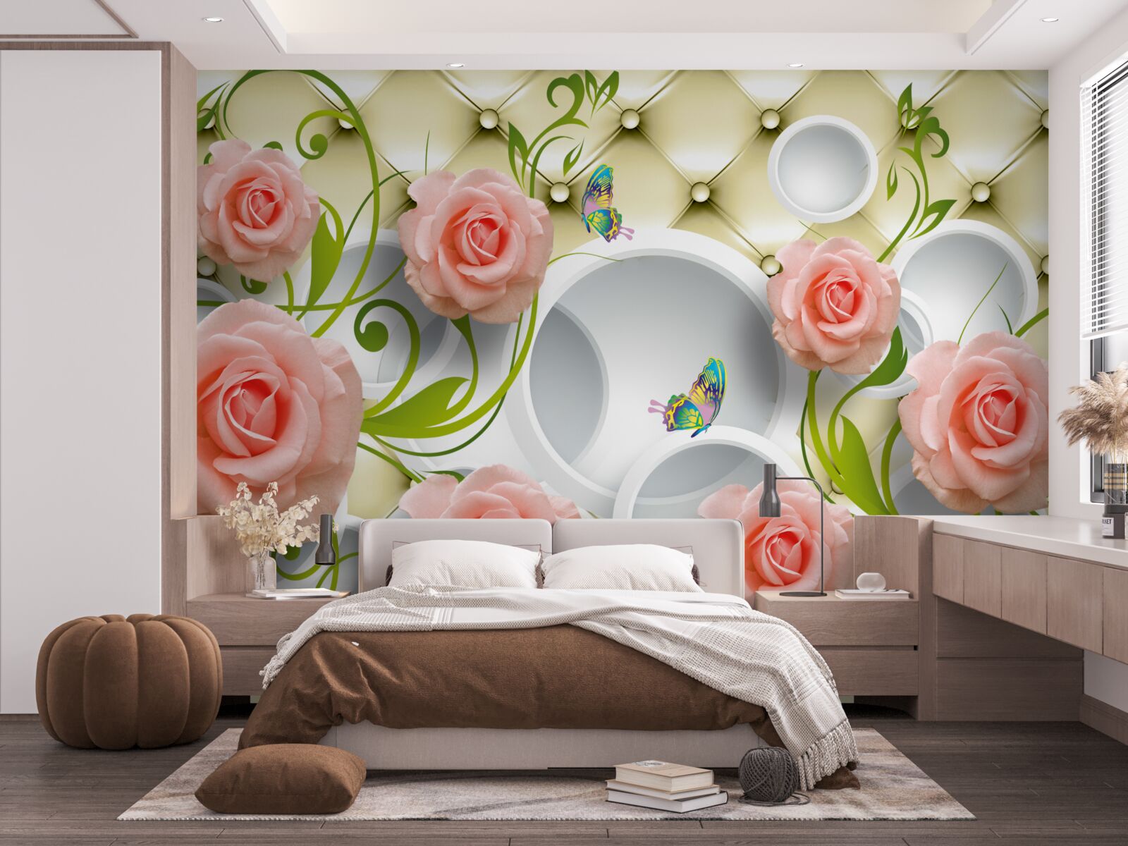 Фотошпалери рожева троянда на бежевому тлі на гілці