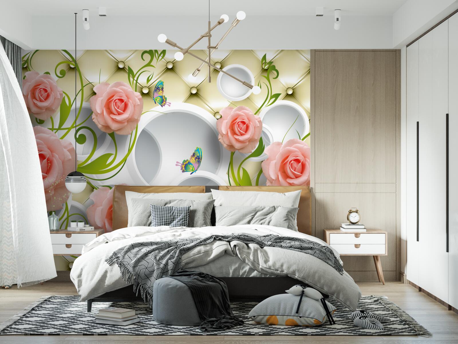 Фотошпалери рожева троянда на бежевому тлі на гілці