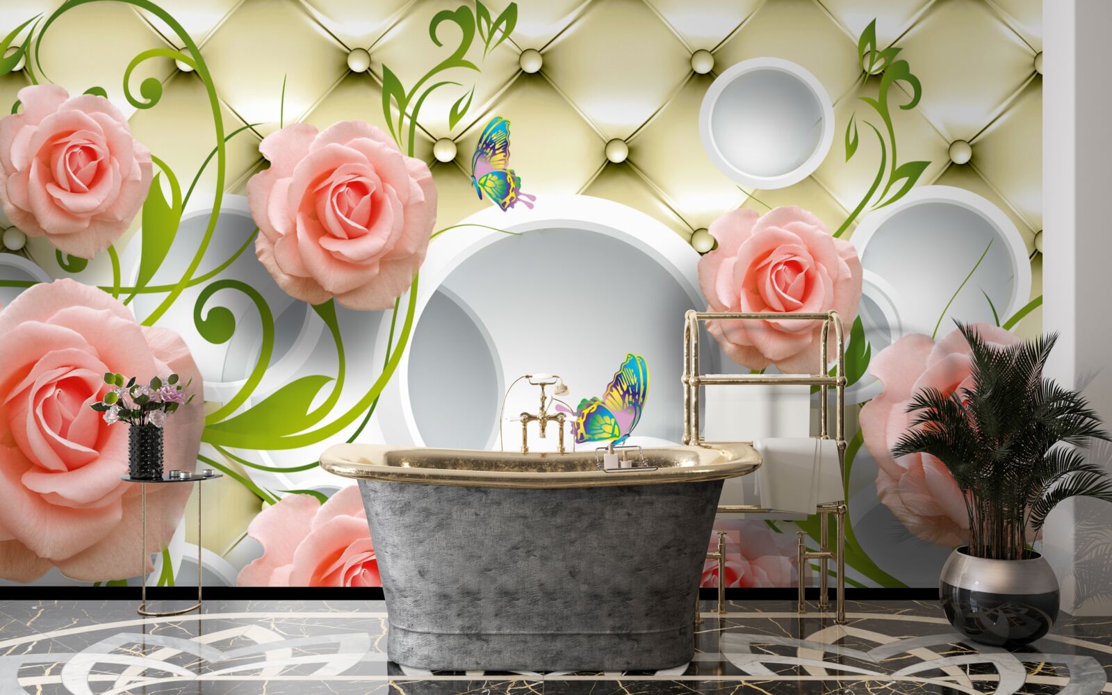 Фотошпалери рожева троянда на бежевому тлі на гілці