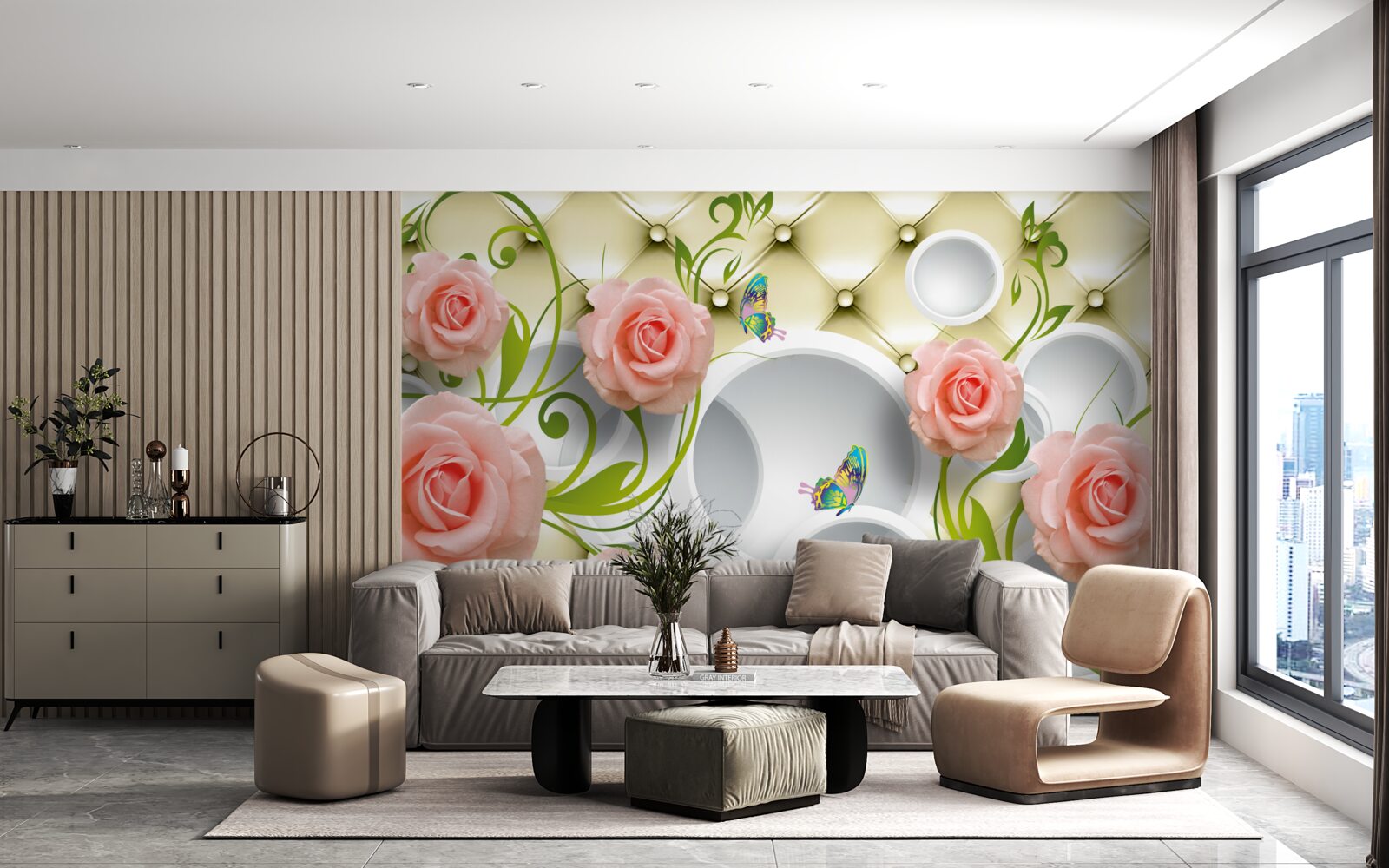 Фотошпалери рожева троянда на бежевому тлі на гілці