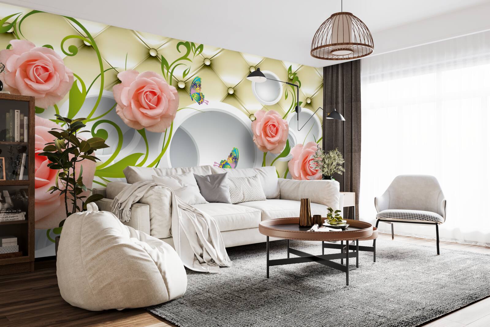 Фотошпалери рожева троянда на бежевому тлі на гілці