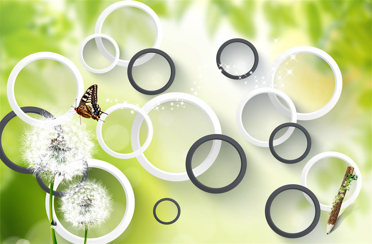 Фотошпалери на тлі зеленої рослинності можна побачити білих багатоніжок і неспокійних метеликів