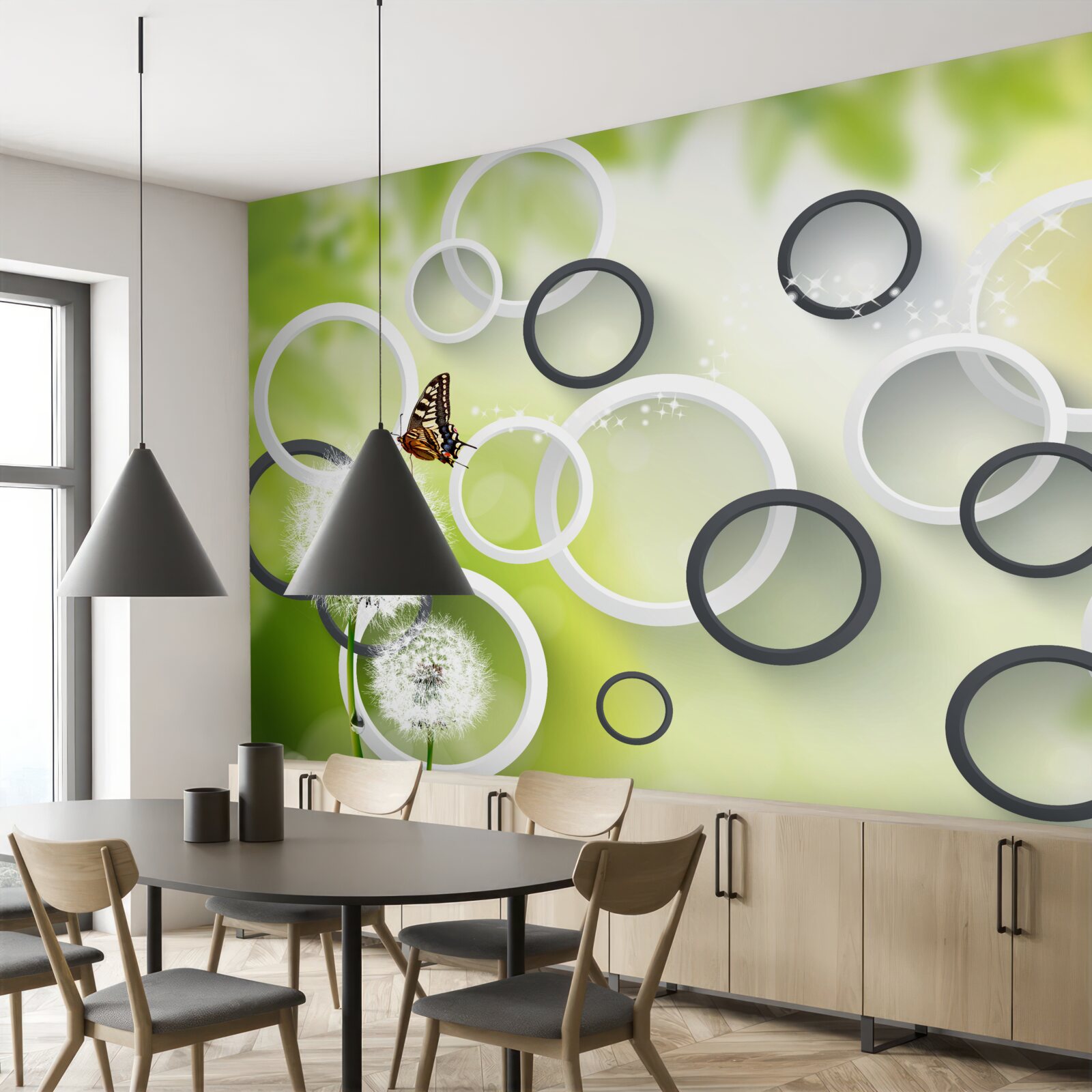 Фотошпалери на тлі зеленої рослинності можна побачити білих багатоніжок і неспокійних метеликів