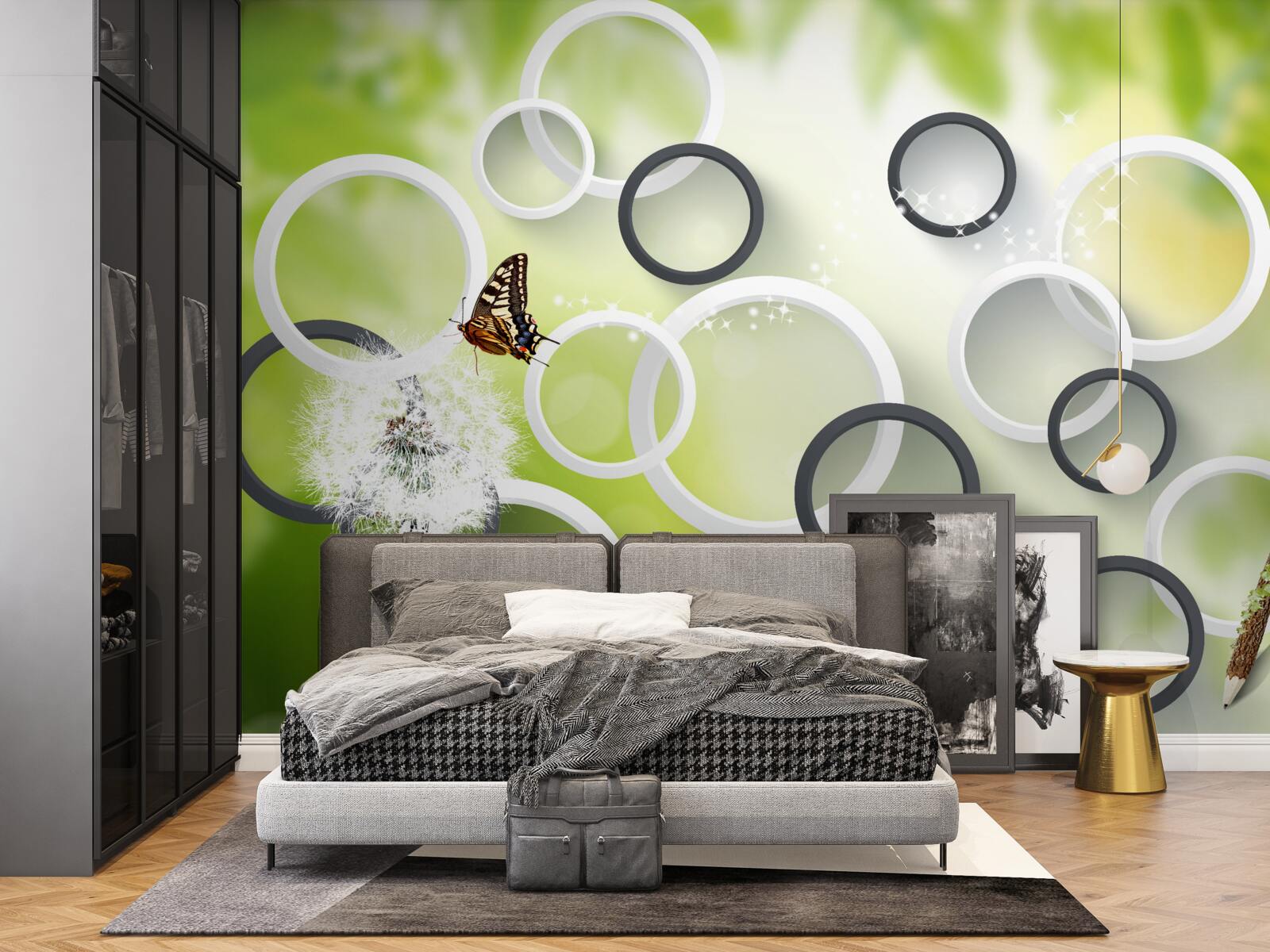 Фотошпалери на тлі зеленої рослинності можна побачити білих багатоніжок і неспокійних метеликів