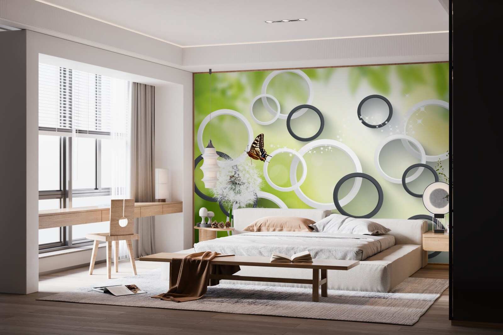 Фотошпалери на тлі зеленої рослинності можна побачити білих багатоніжок і неспокійних метеликів