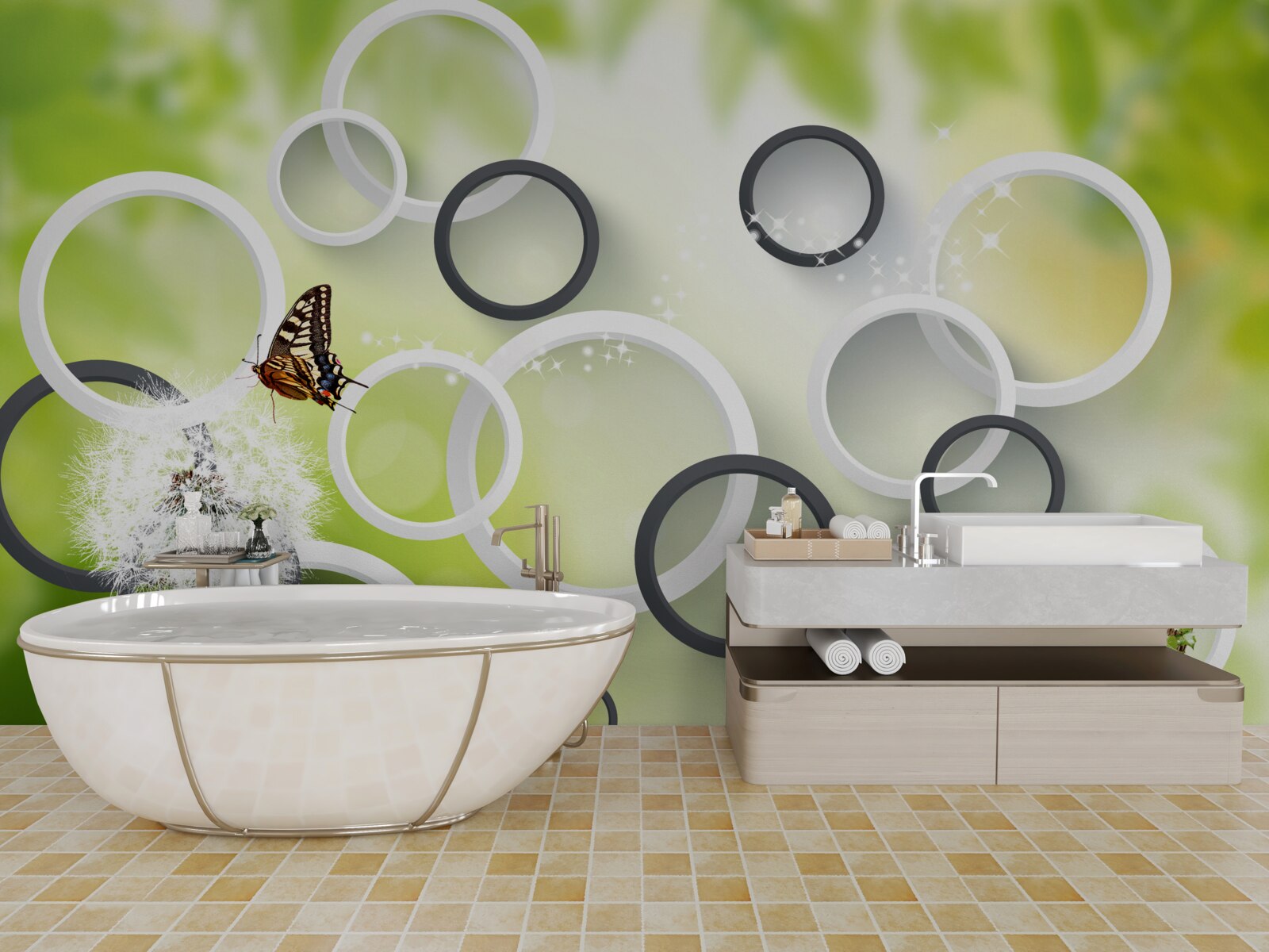 Фотошпалери на тлі зеленої рослинності можна побачити білих багатоніжок і неспокійних метеликів