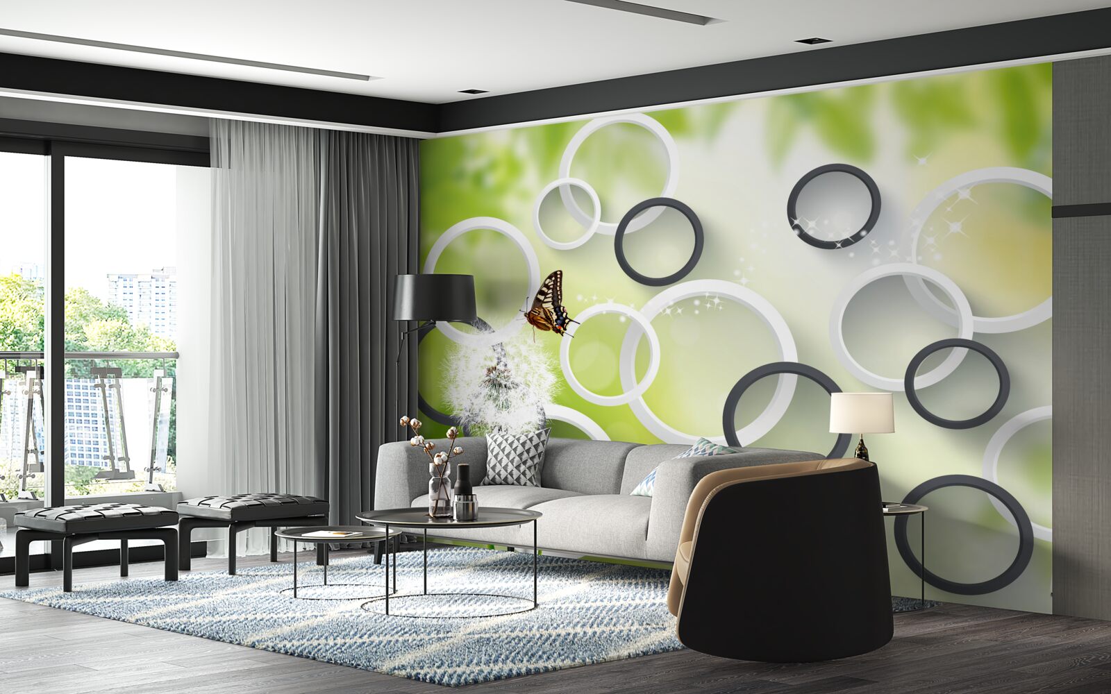 Фотошпалери на тлі зеленої рослинності можна побачити білих багатоніжок і неспокійних метеликів