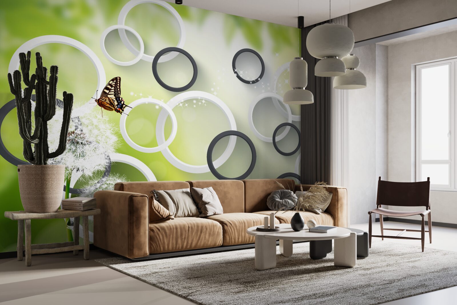 Фотошпалери на тлі зеленої рослинності можна побачити білих багатоніжок і неспокійних метеликів