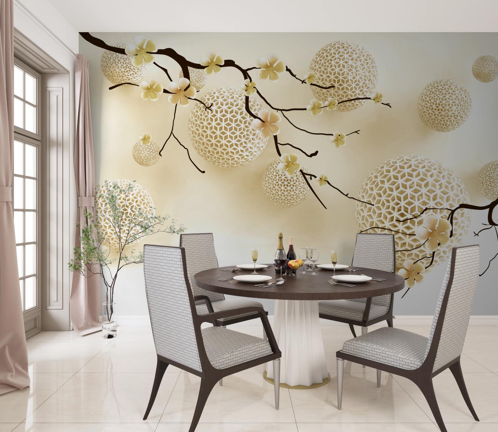 Фотошпалери бруньки на гілках і золоті кульки