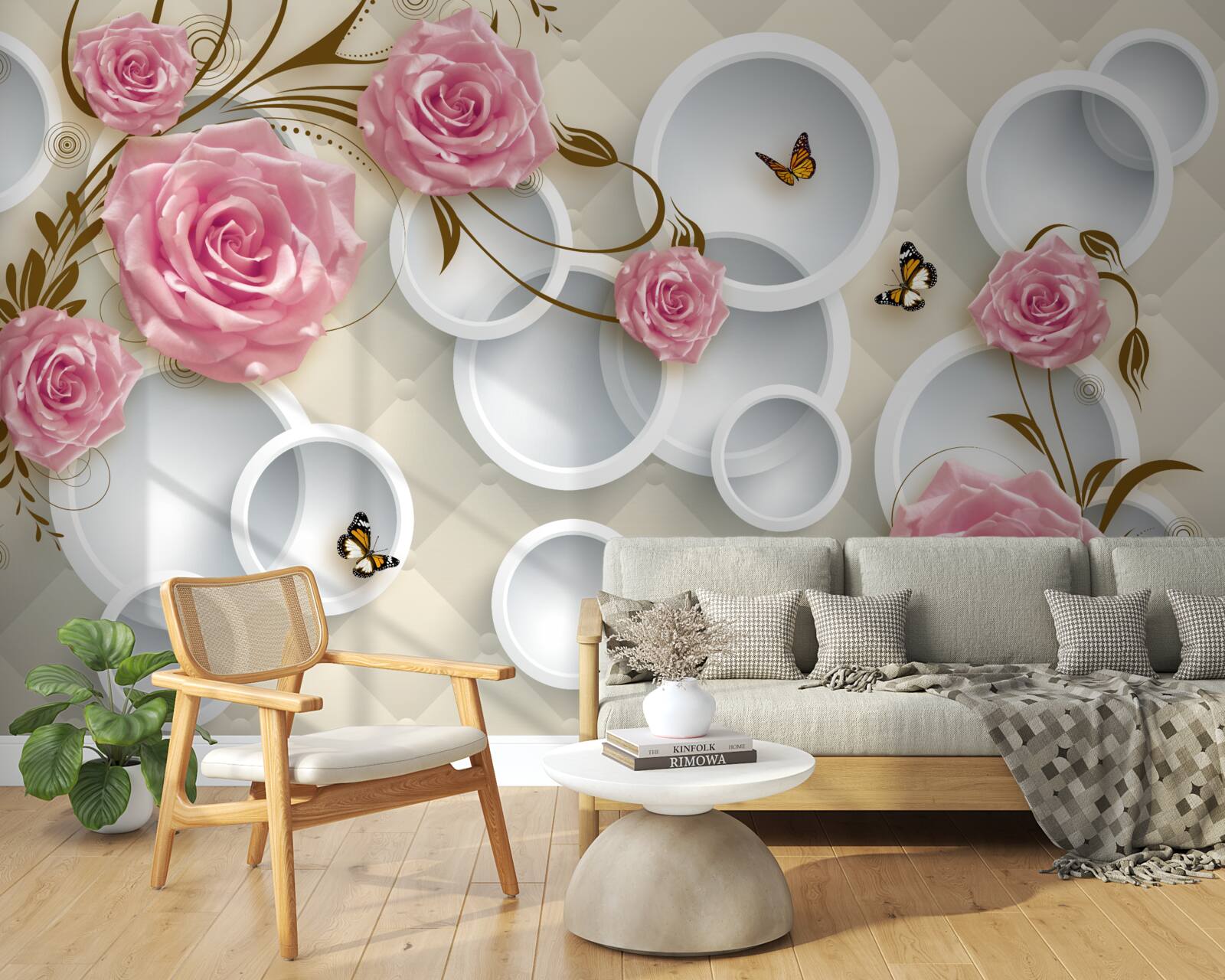 Фотошпалери на геометричному тлі ніжна троянда в рожевому кущі