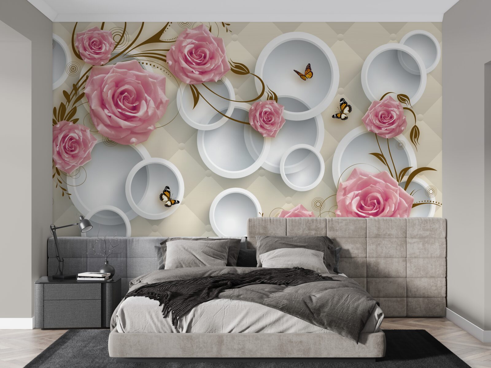 Фотошпалери на геометричному тлі ніжна троянда в рожевому кущі