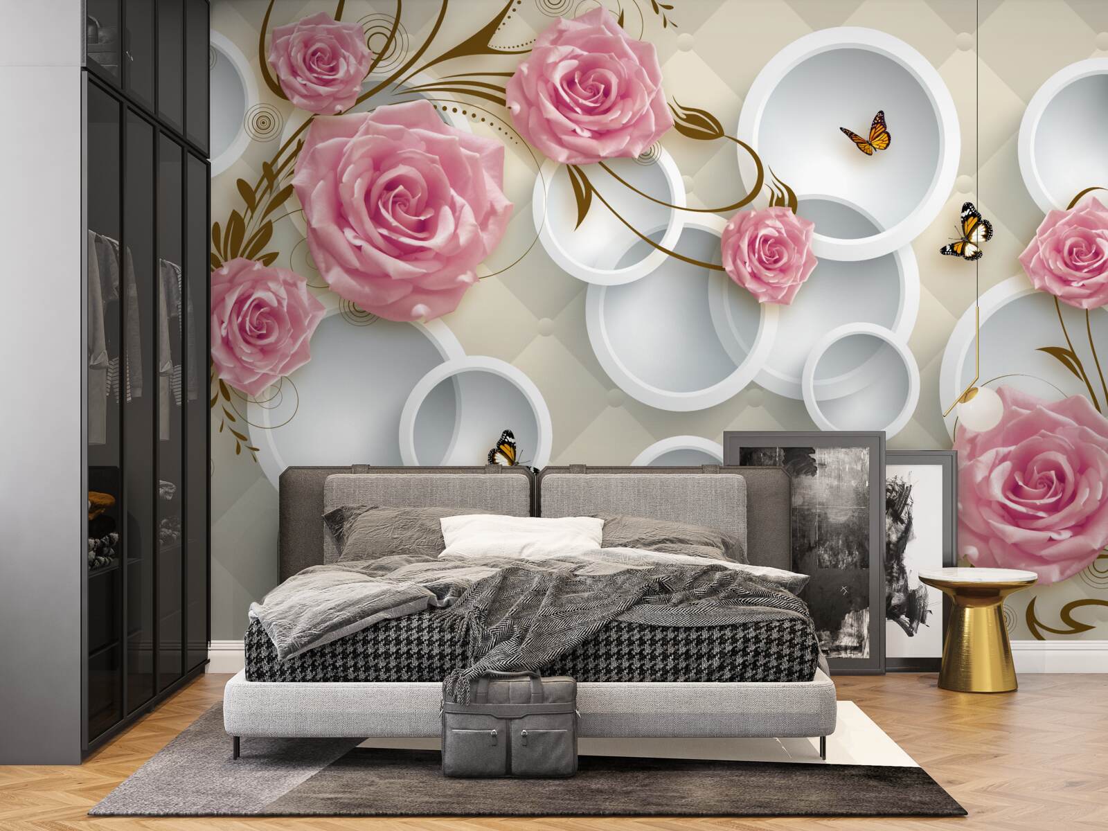 Фотошпалери на геометричному тлі ніжна троянда в рожевому кущі