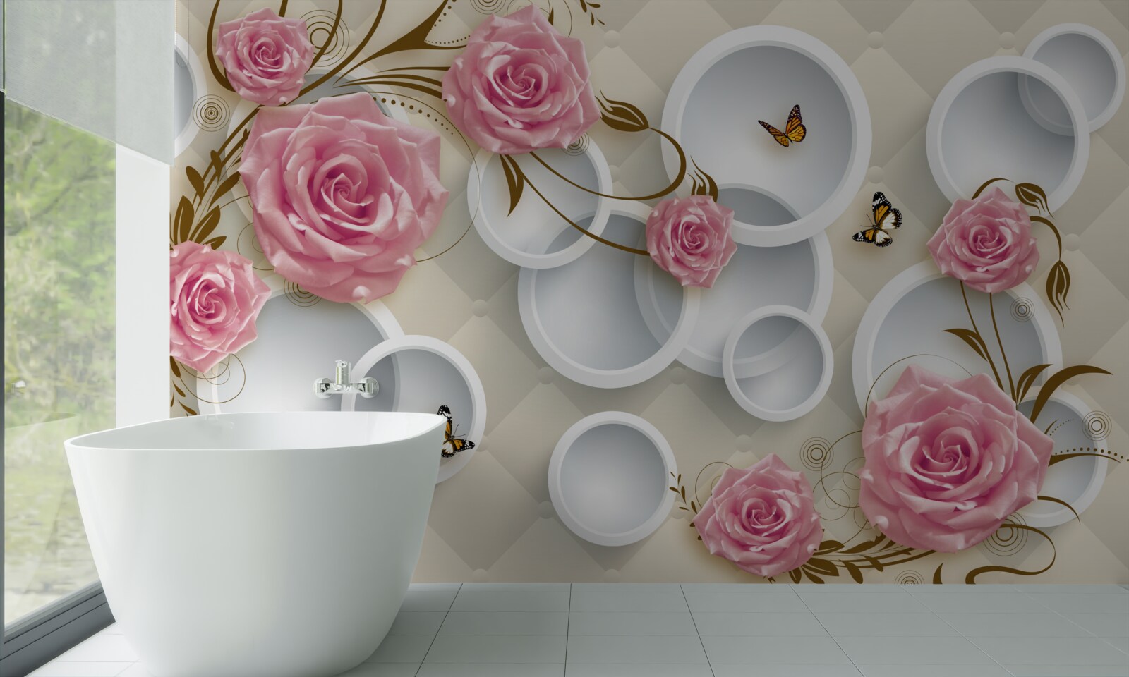 Фотошпалери на геометричному тлі ніжна троянда в рожевому кущі