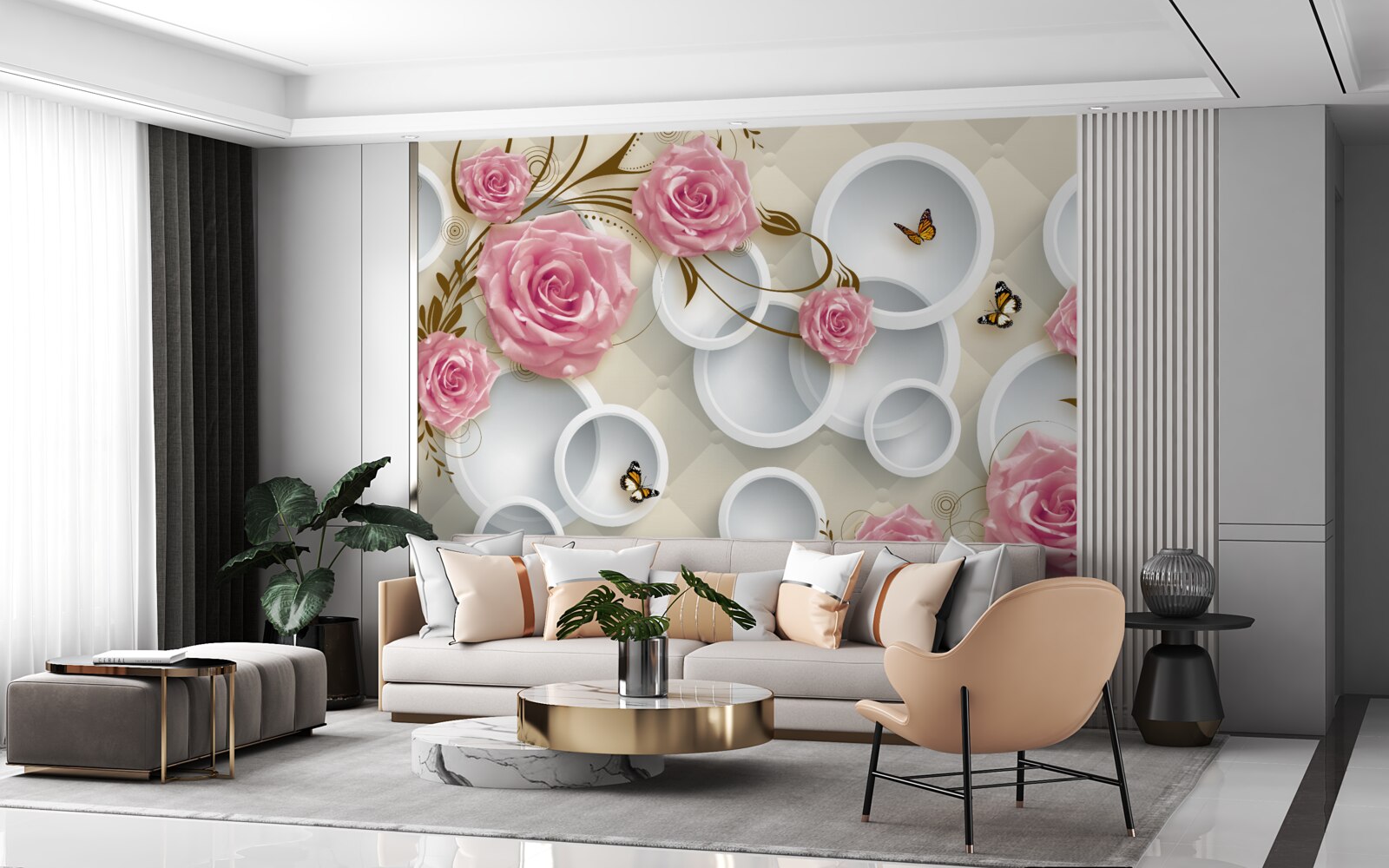 Фотошпалери на геометричному тлі ніжна троянда в рожевому кущі