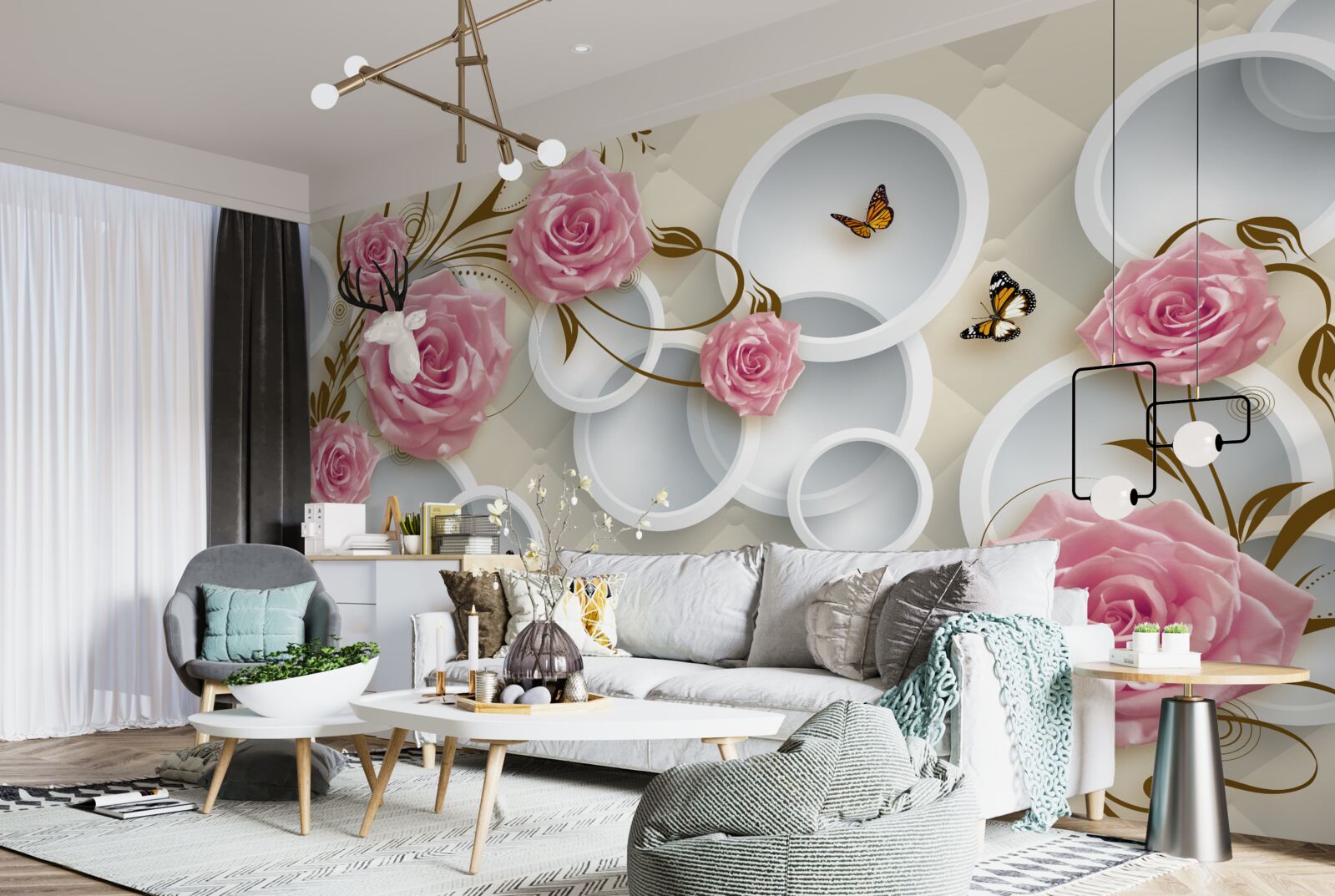 Фотошпалери на геометричному тлі ніжна троянда в рожевому кущі