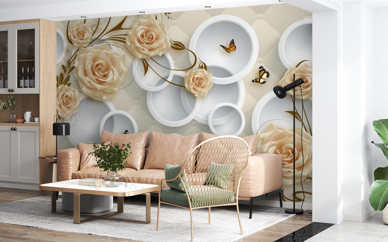 Фотошпалери бронзові гілочки троянди з вигадливим золотим декором