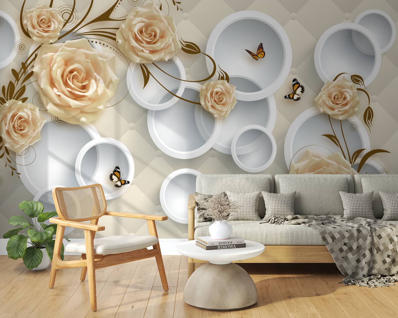 Фотошпалери бронзові гілочки троянди з вигадливим золотим декором