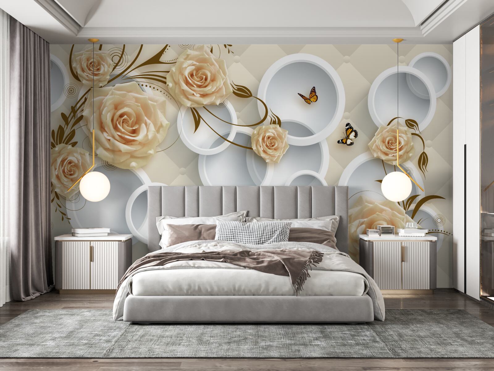 Фотошпалери бронзові гілочки троянди з вигадливим золотим декором