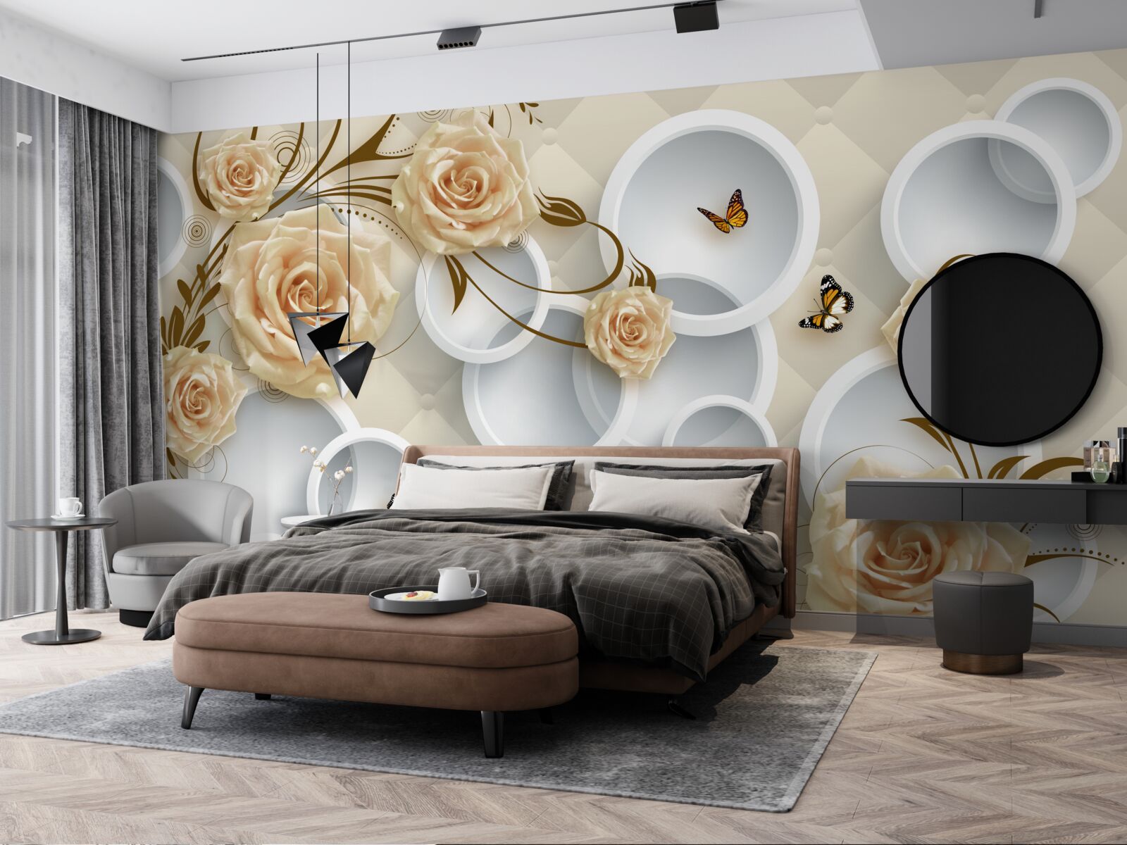 Фотошпалери бронзові гілочки троянди з вигадливим золотим декором