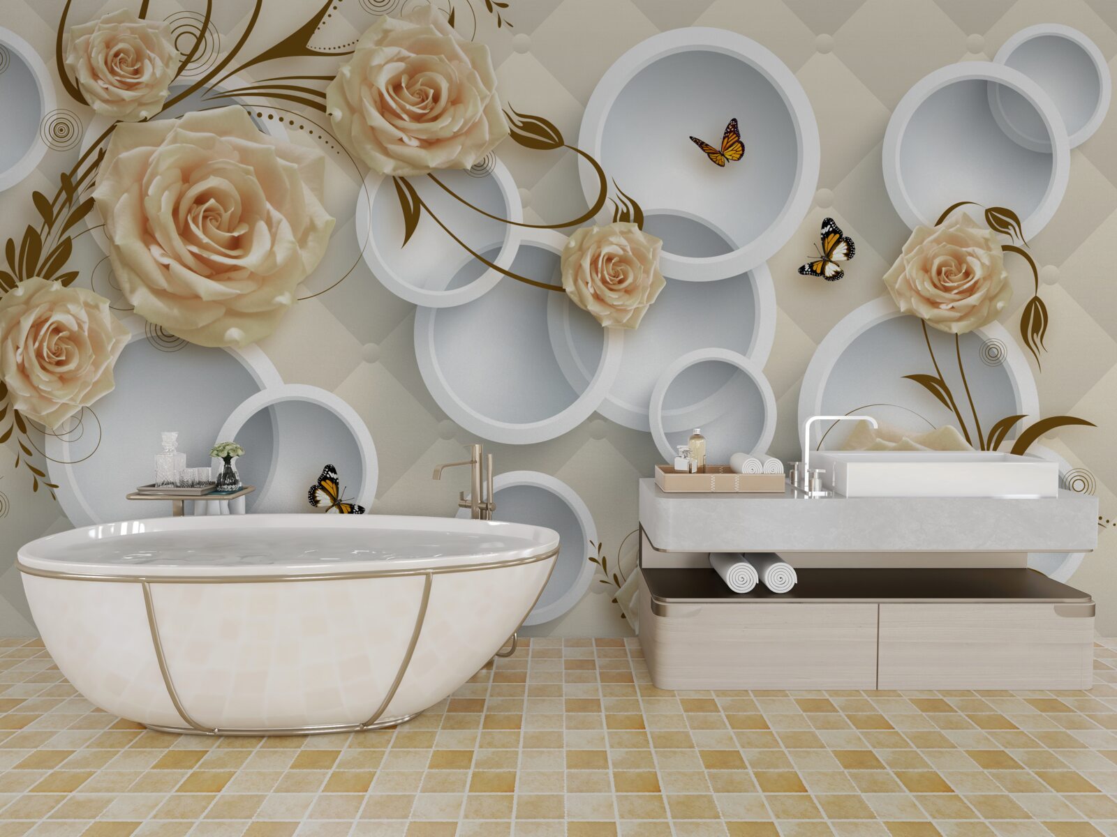 Фотошпалери бронзові гілочки троянди з вигадливим золотим декором