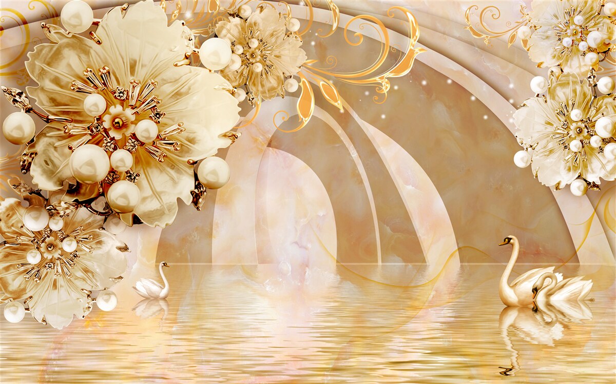 Фотошпалери озеро, що виблискує золотом, в якому плавають лебеді і ростуть квіти