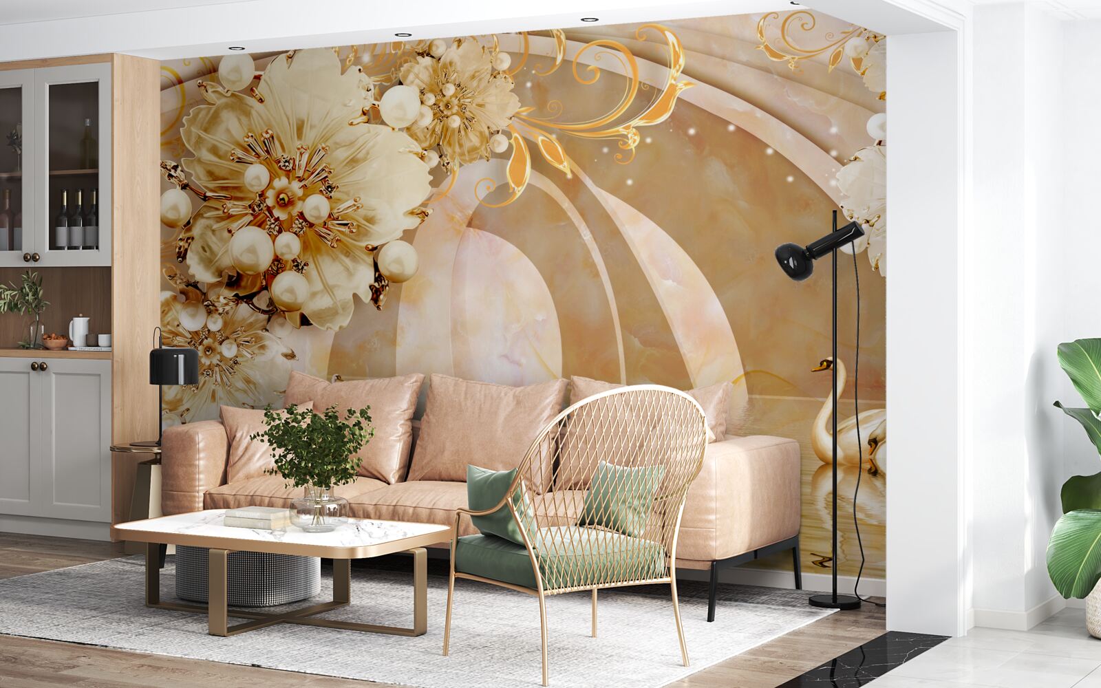 Фотошпалери озеро, що виблискує золотом, в якому плавають лебеді і ростуть квіти