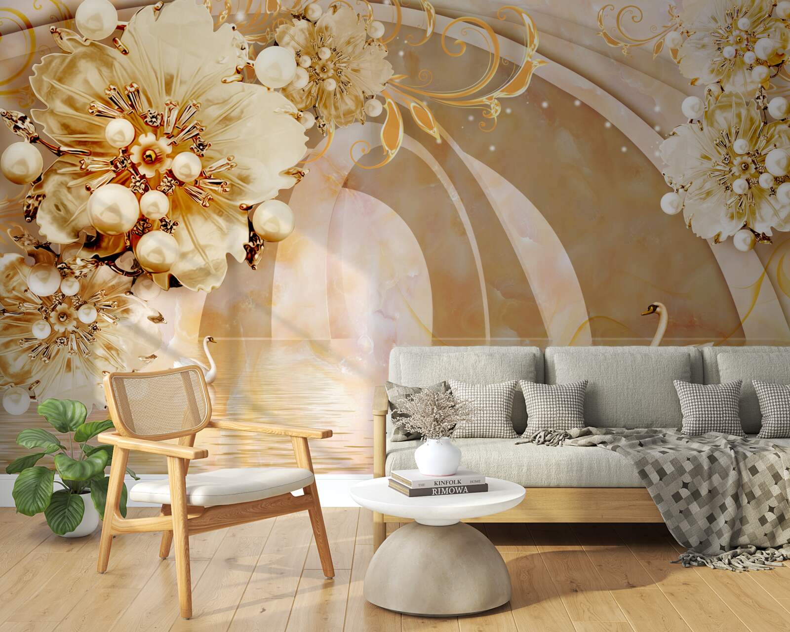 Фотошпалери озеро, що виблискує золотом, в якому плавають лебеді і ростуть квіти