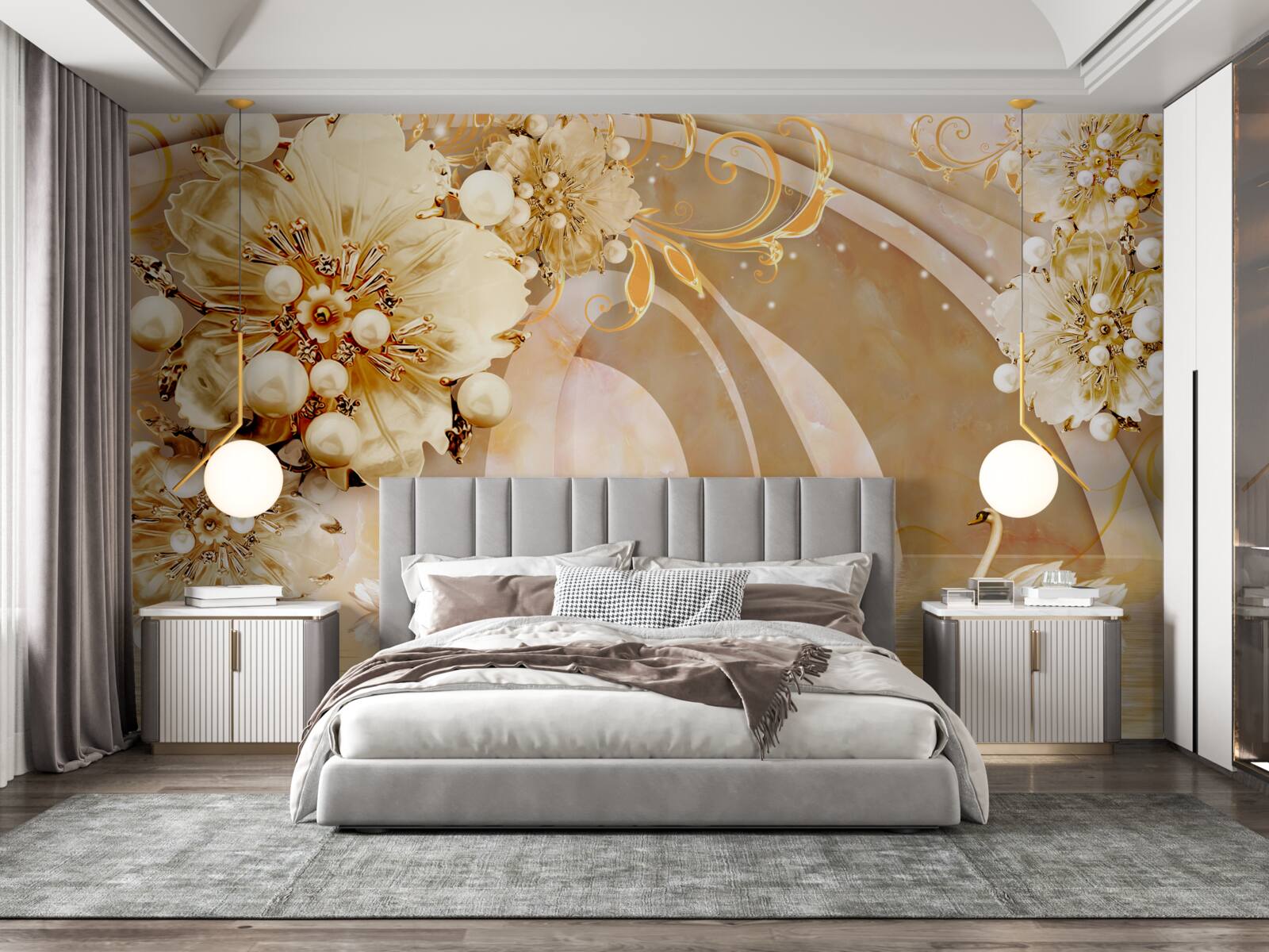 Фотошпалери озеро, що виблискує золотом, в якому плавають лебеді і ростуть квіти