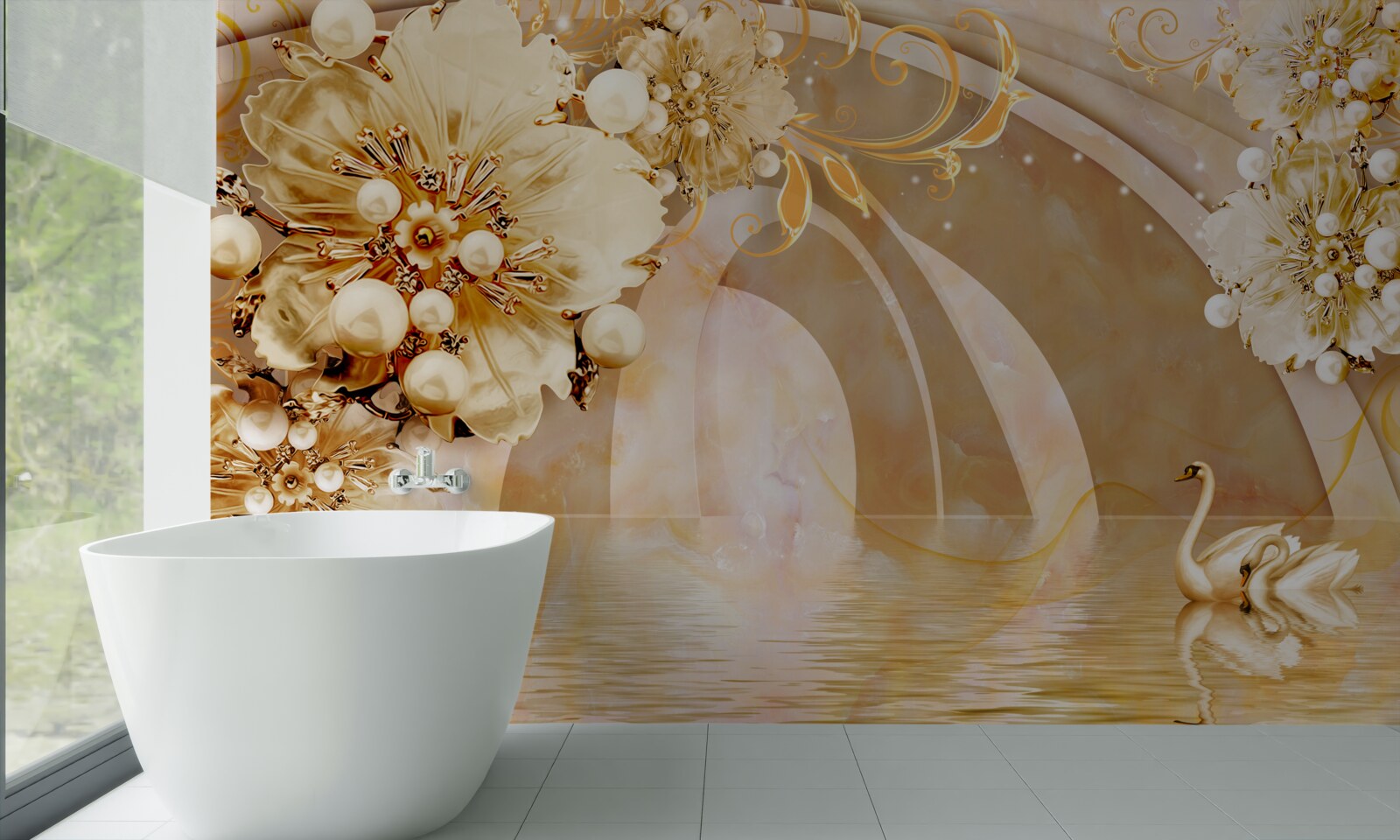 Фотошпалери озеро, що виблискує золотом, в якому плавають лебеді і ростуть квіти