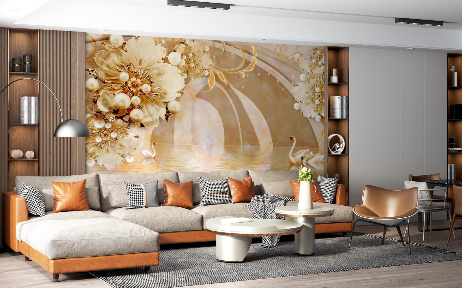 Фотошпалери озеро, що виблискує золотом, в якому плавають лебеді і ростуть квіти