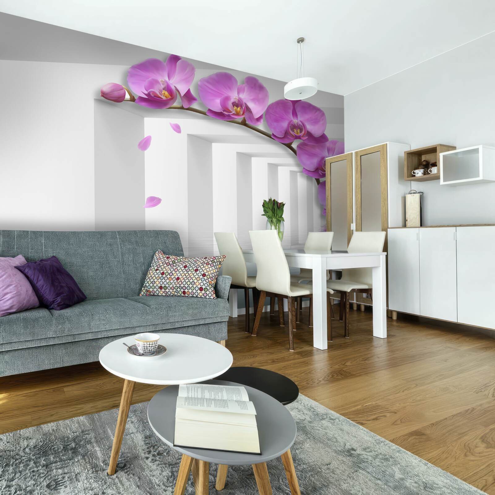 Фотошпалери бузкова орхідея на гілці в оточенні білих арок