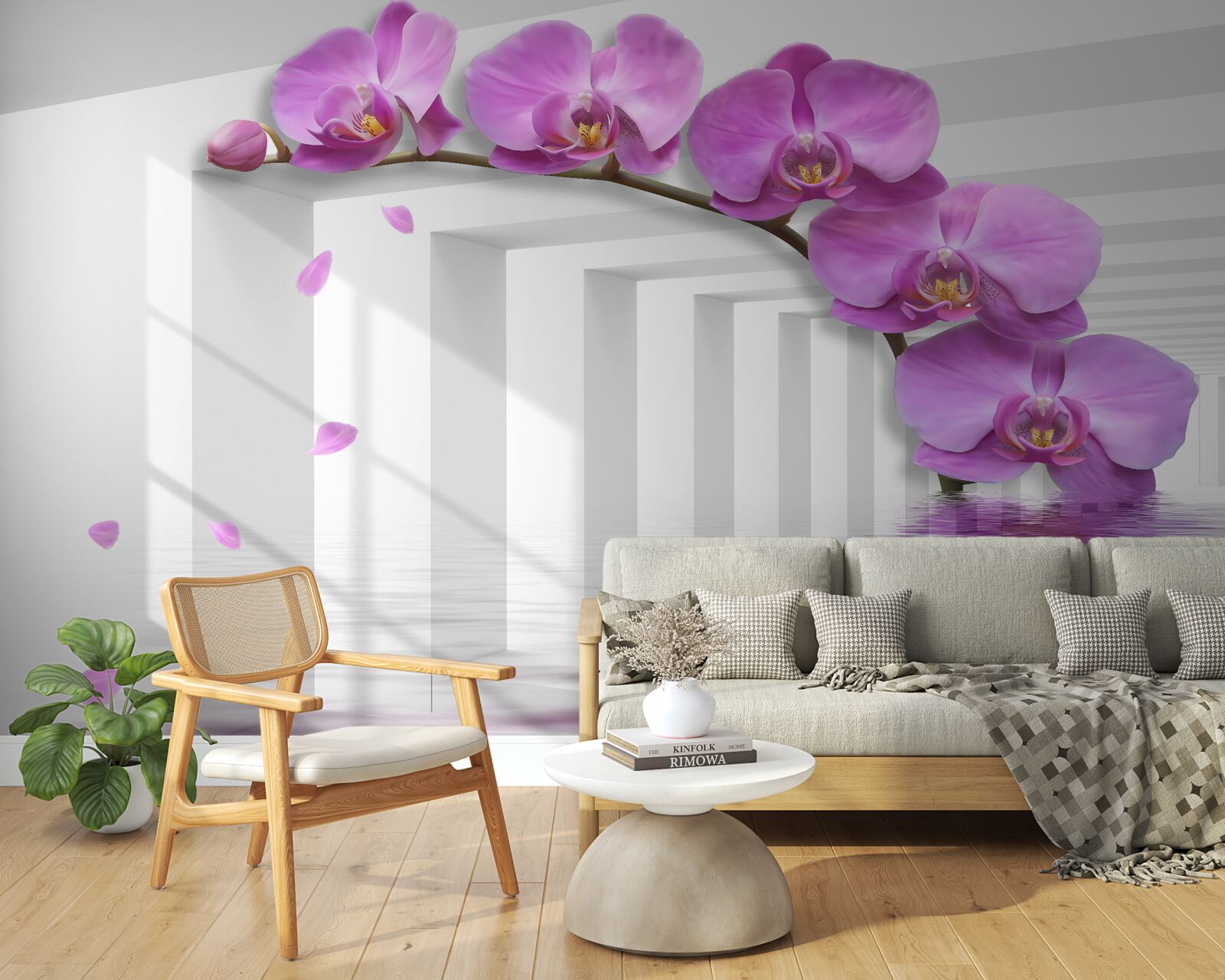 Фотошпалери бузкова орхідея на гілці в оточенні білих арок