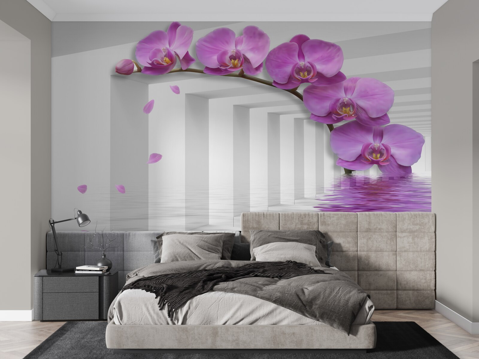 Фотошпалери бузкова орхідея на гілці в оточенні білих арок