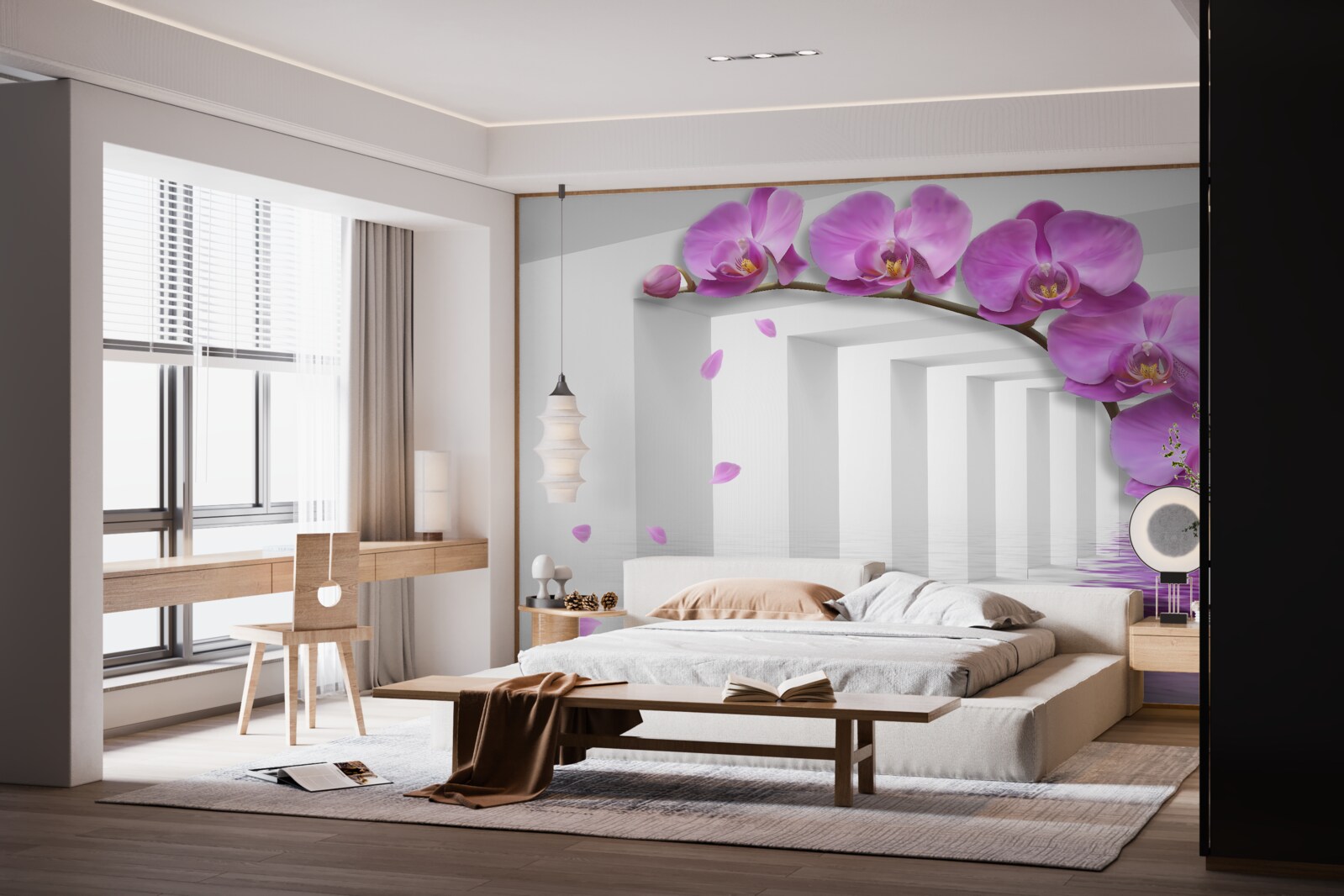 Фотошпалери бузкова орхідея на гілці в оточенні білих арок