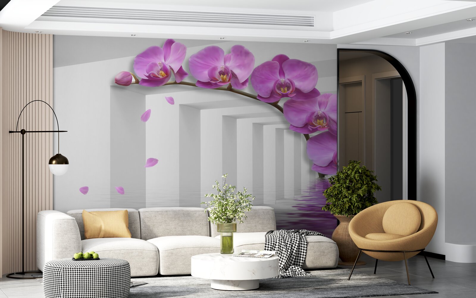 Фотошпалери бузкова орхідея на гілці в оточенні білих арок